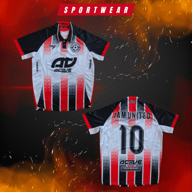 เสื้อสีฬาฟุตบอลสีขาว ลายสีส้ม แขนสีดำ