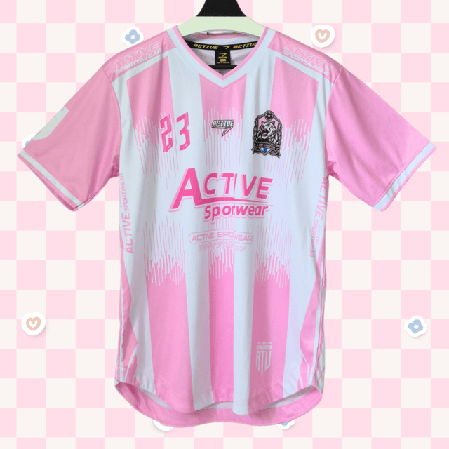 เสื้อฟุตบอลสีชมพู ลายสีขาว